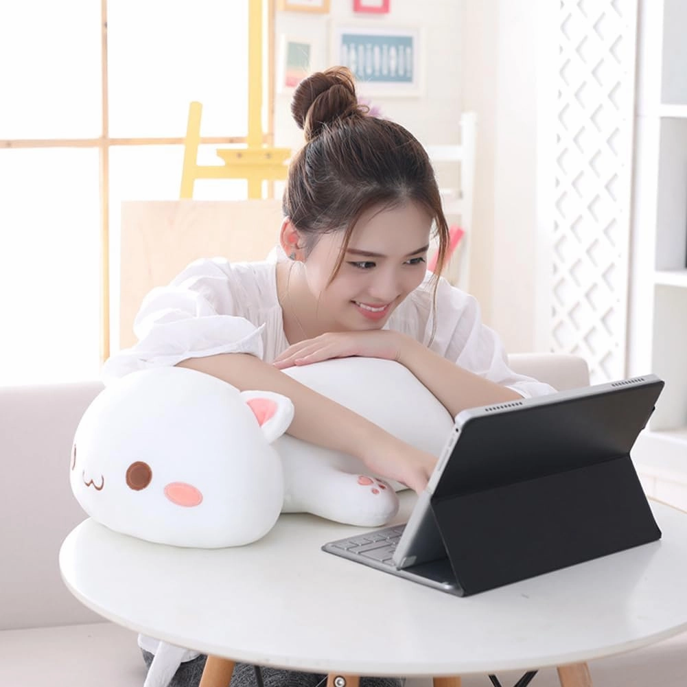 Cat Plush Hugging Pillow, Soft Cat Stuffed Animals Kawaii Kitten Plush Toy Gifts for Kids (White Round Eyes, 19.6")