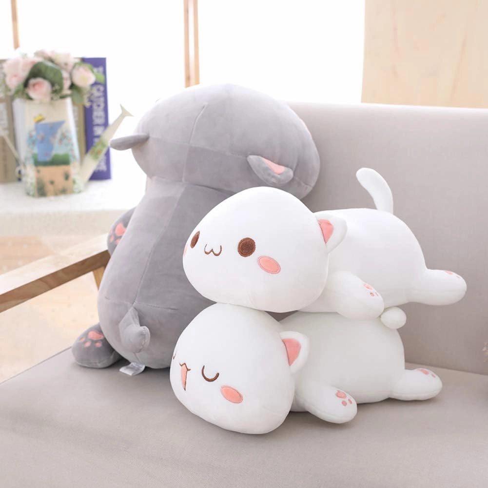 Cat Plush Hugging Pillow, Soft Cat Stuffed Animals Kawaii Kitten Plush Toy Gifts for Kids (White Round Eyes, 19.6")