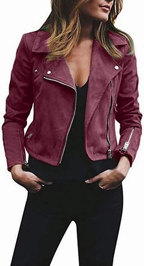 Cdiecer Women's Faux Suede Motocross Jacket Zipped Notch Collar Moto Biker Jacket Lightweight Solid Fitted Slim Coat
