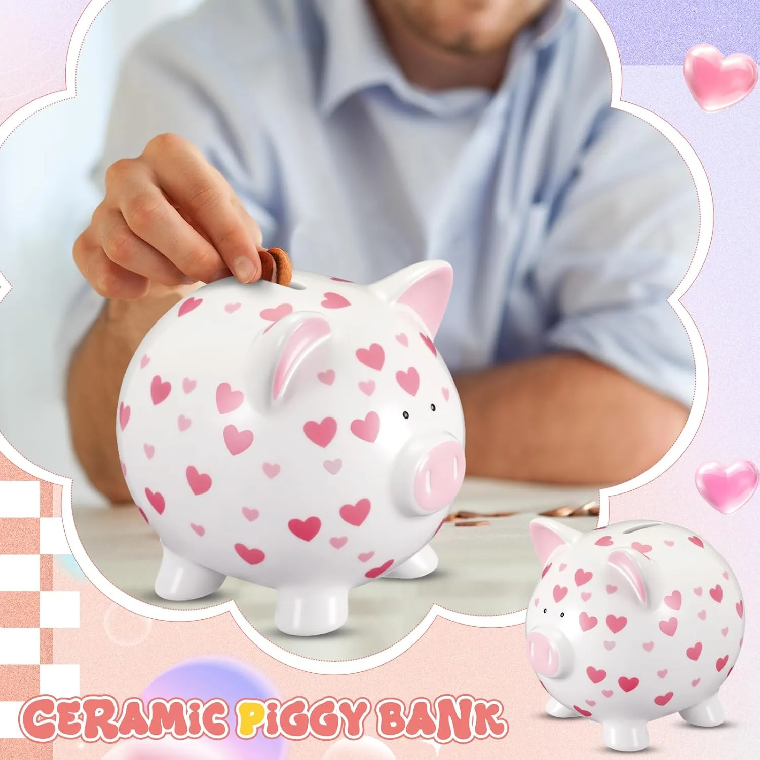 Ceramic Piggy Bank Mini Cute Money Saving Bank Porcelain Decor Coin Box Little Decoration Pig Money Container Special Birthday Christmas New Year Gift(Heart)
