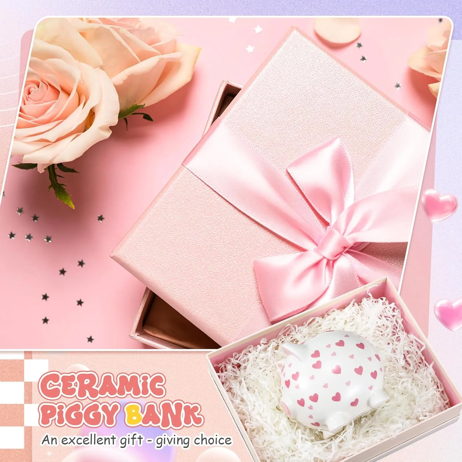 Ceramic Piggy Bank Mini Cute Money Saving Bank Porcelain Decor Coin Box Little Decoration Pig Money Container Special Birthday Christmas New Year Gift(Heart)