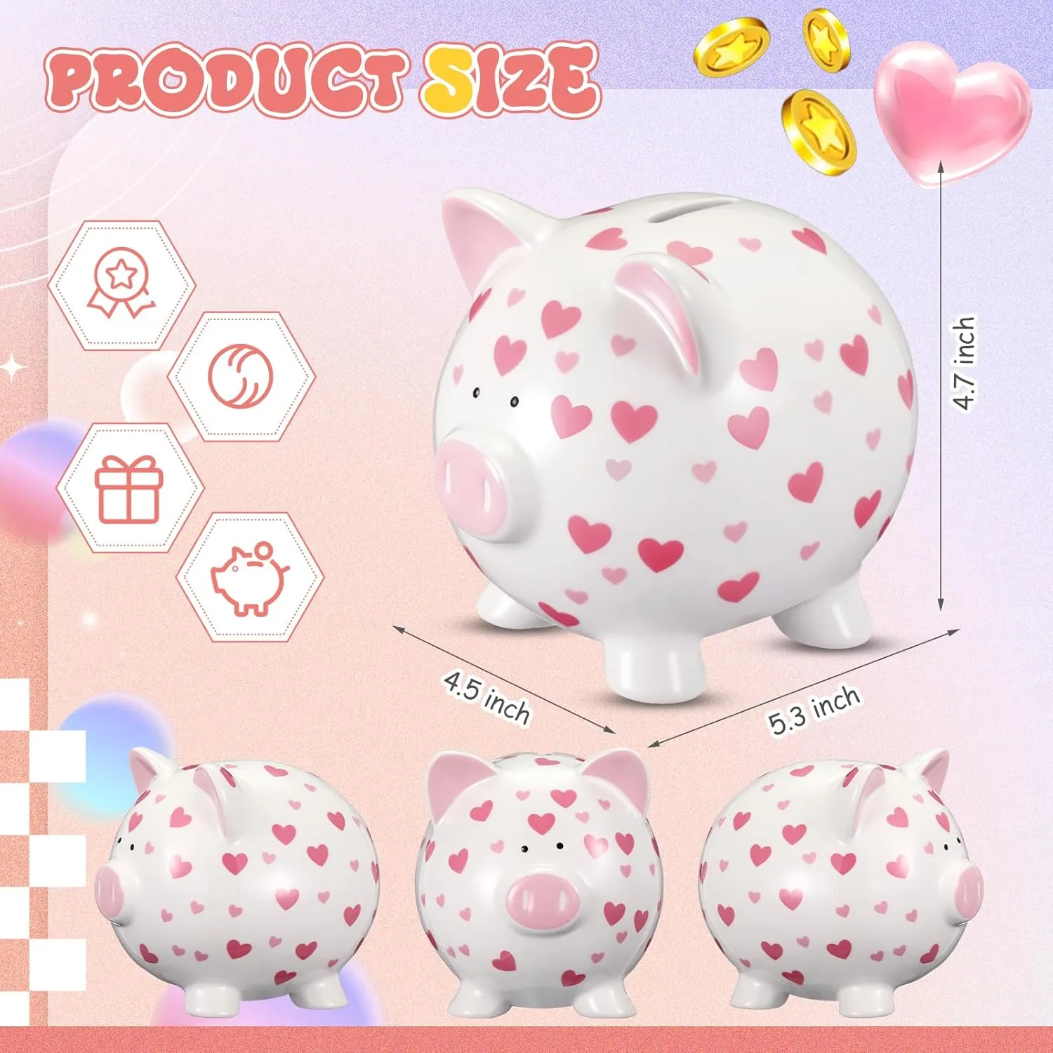Ceramic Piggy Bank Mini Cute Money Saving Bank Porcelain Decor Coin Box Little Decoration Pig Money Container Special Birthday Christmas New Year Gift(Heart)