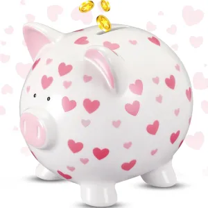 Ceramic Piggy Bank Mini Cute Money Saving Bank Porcelain Decor Coin Box Little Decoration Pig Money Container Special Birthday Christmas New Year Gift(Heart)