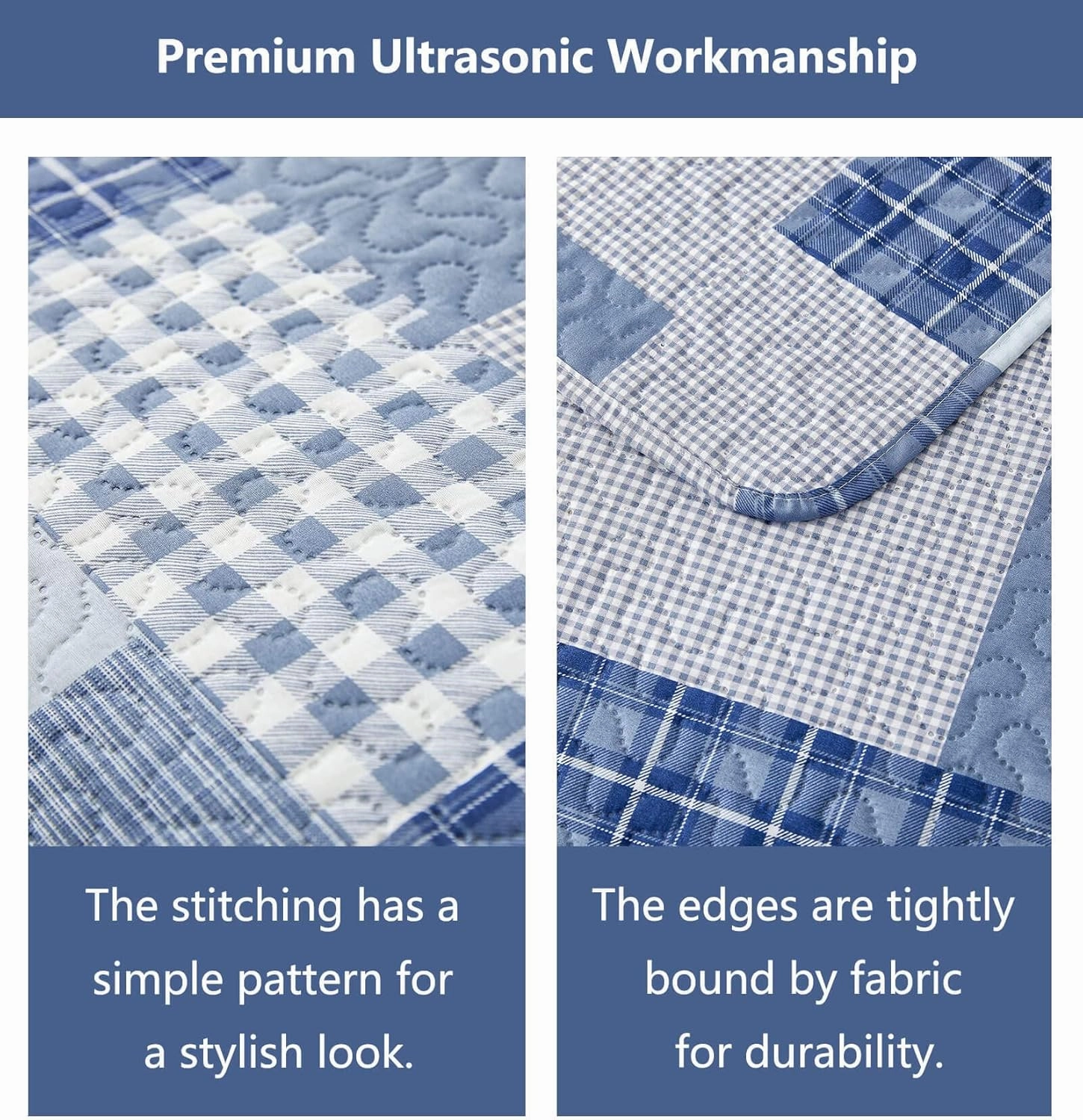 CHESITY King Quilt Set King Size Plaid Bedding Sets 3-Piece Navy Blue Reversible Lightweight Stripe Grid Coverlet Bedspread Patchwork Soft Quilt for Bed (96" x 108")