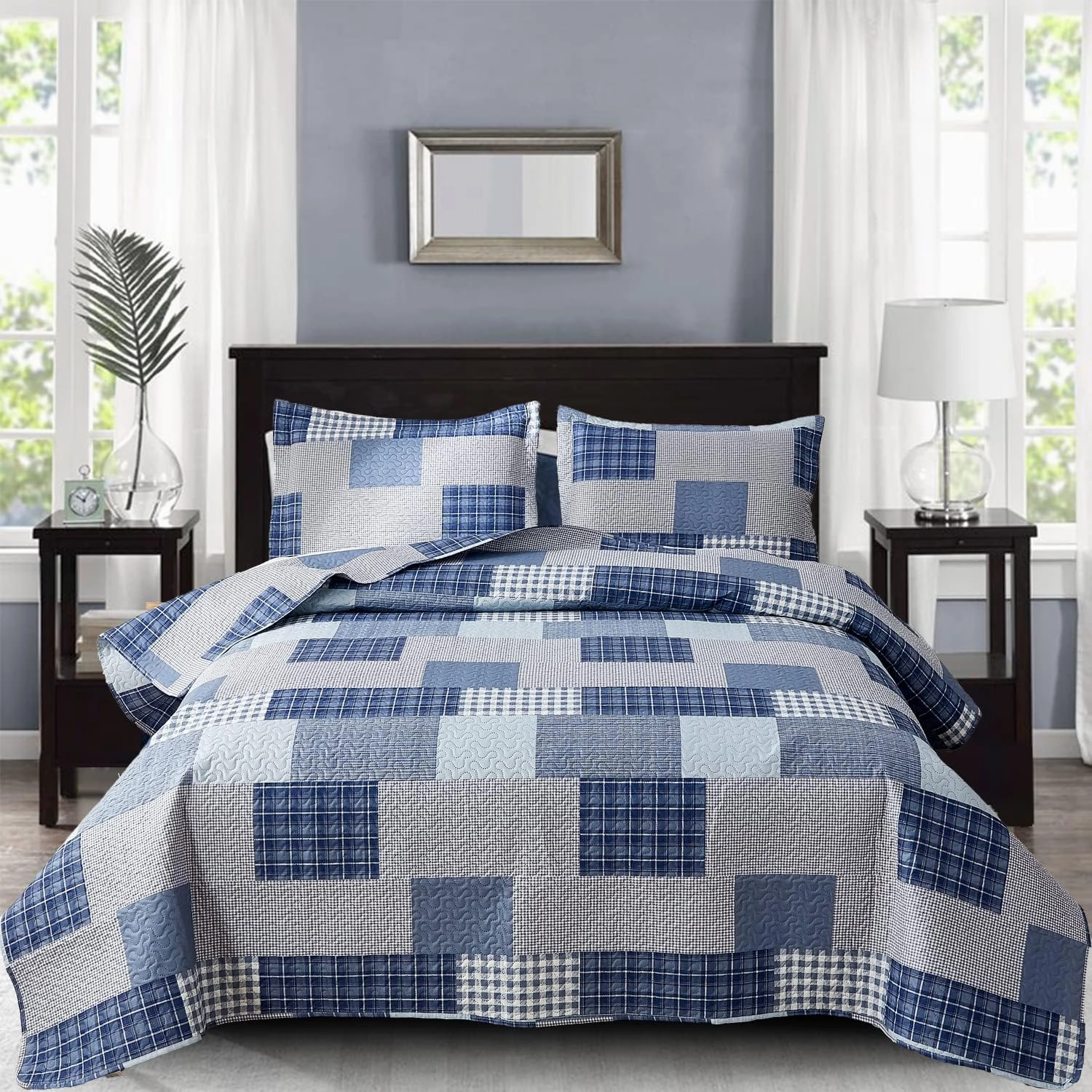 CHESITY King Quilt Set King Size Plaid Bedding Sets 3-Piece Navy Blue Reversible Lightweight Stripe Grid Coverlet Bedspread Patchwork Soft Quilt for Bed (96" x 108")