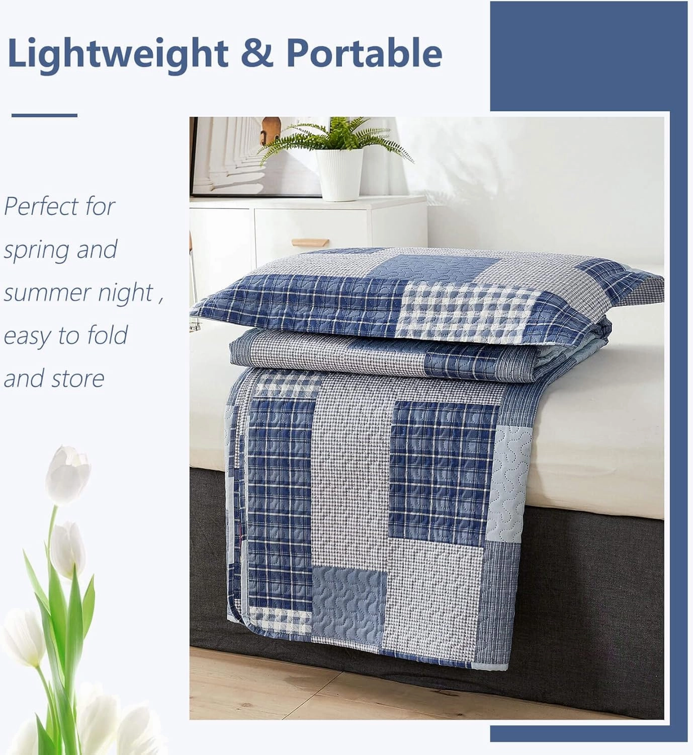 CHESITY King Quilt Set King Size Plaid Bedding Sets 3-Piece Navy Blue Reversible Lightweight Stripe Grid Coverlet Bedspread Patchwork Soft Quilt for Bed (96" x 108")