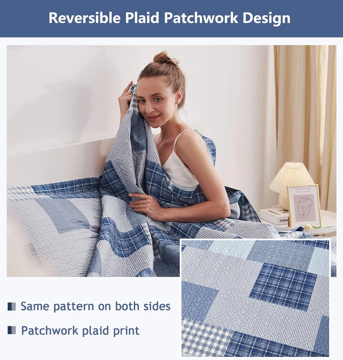 CHESITY King Quilt Set King Size Plaid Bedding Sets 3-Piece Navy Blue Reversible Lightweight Stripe Grid Coverlet Bedspread Patchwork Soft Quilt for Bed (96" x 108")