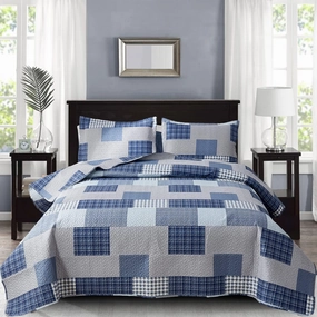 CHESITY King Quilt Set King Size Plaid Bedding Sets 3-Piece Navy Blue Reversible Lightweight Stripe Grid Coverlet Bedspread Patchwork Soft Quilt for Bed (96" x 108")