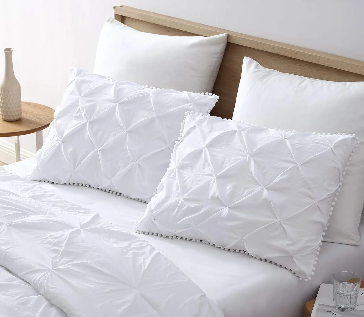 Chezmoi Collection Natalia 3-Piece Pom Pom Pinch Pleat Down Alternative Comforter Set,Soft Washed Microfiber Ball Fringe Bedding Set (Full, White)