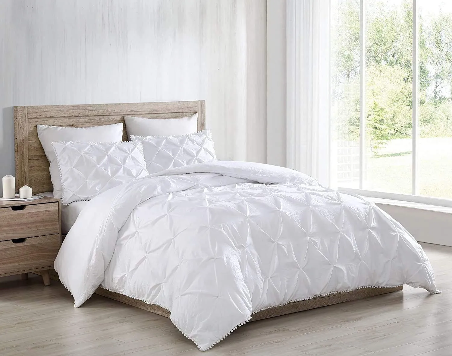 Chezmoi Collection Natalia 3-Piece Pom Pom Pinch Pleat Down Alternative Comforter Set,Soft Washed Microfiber Ball Fringe Bedding Set (Full, White)