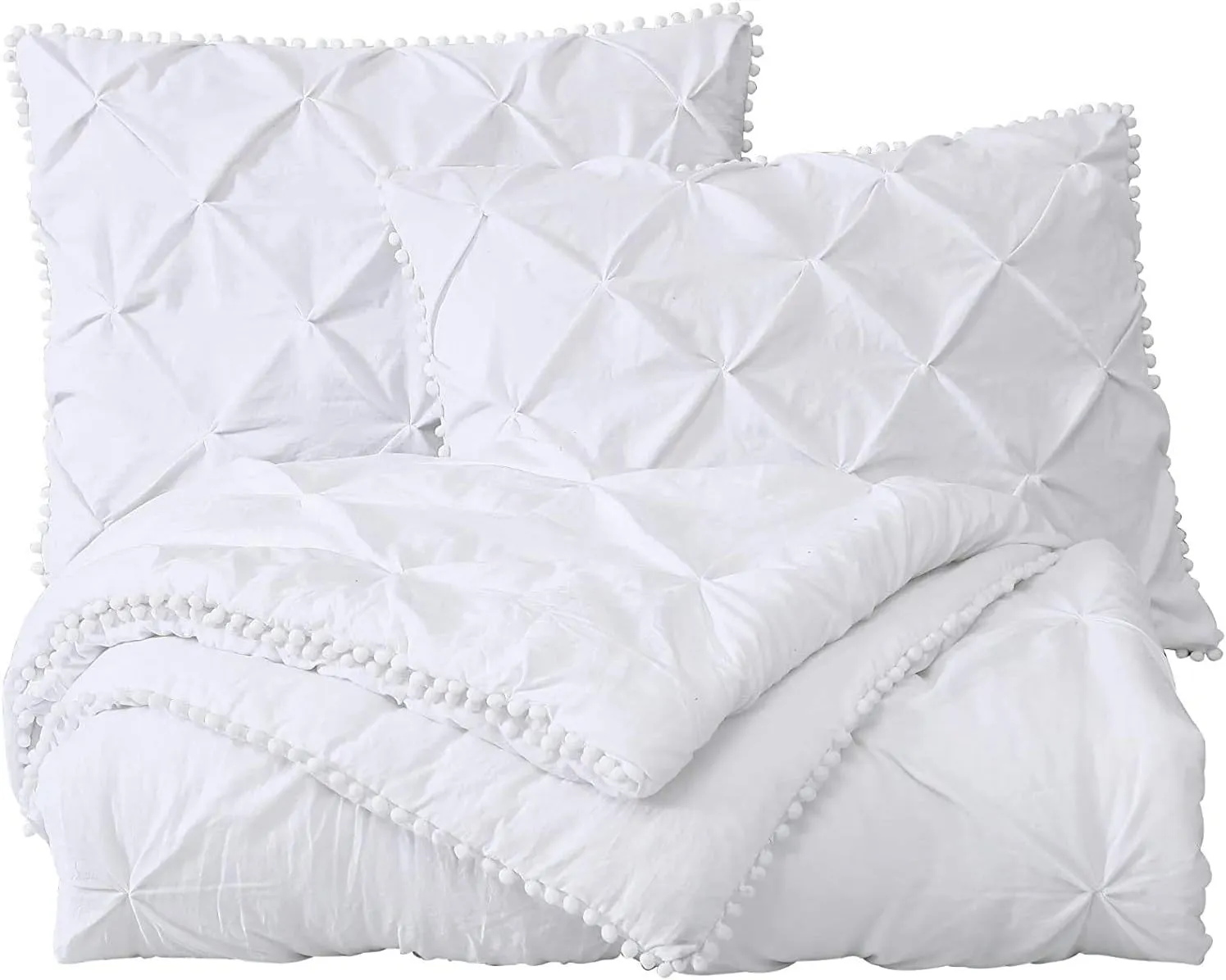 Chezmoi Collection Natalia 3-Piece Pom Pom Pinch Pleat Down Alternative Comforter Set,Soft Washed Microfiber Ball Fringe Bedding Set (Full, White)