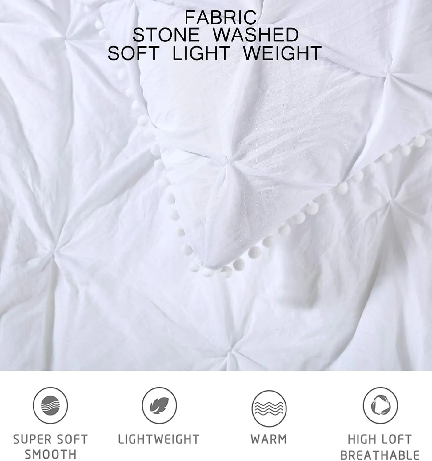 Chezmoi Collection Natalia 3-Piece Pom Pom Pinch Pleat Down Alternative Comforter Set,Soft Washed Microfiber Ball Fringe Bedding Set (Full, White)