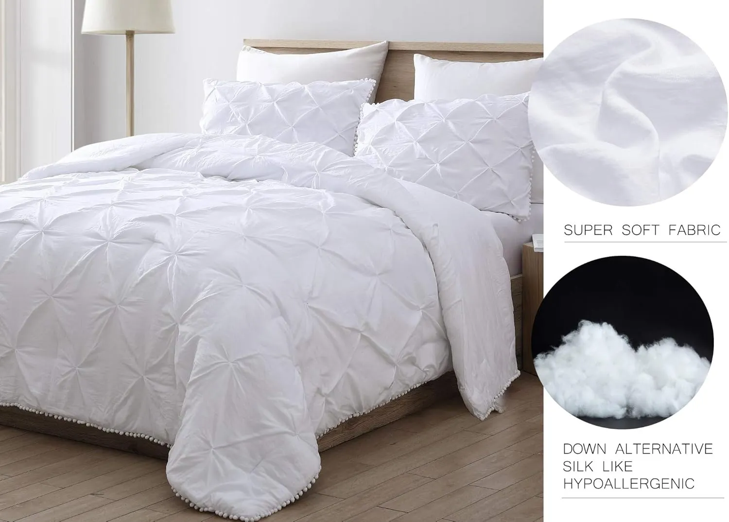 Chezmoi Collection Natalia 3-Piece Pom Pom Pinch Pleat Down Alternative Comforter Set,Soft Washed Microfiber Ball Fringe Bedding Set (Full, White)