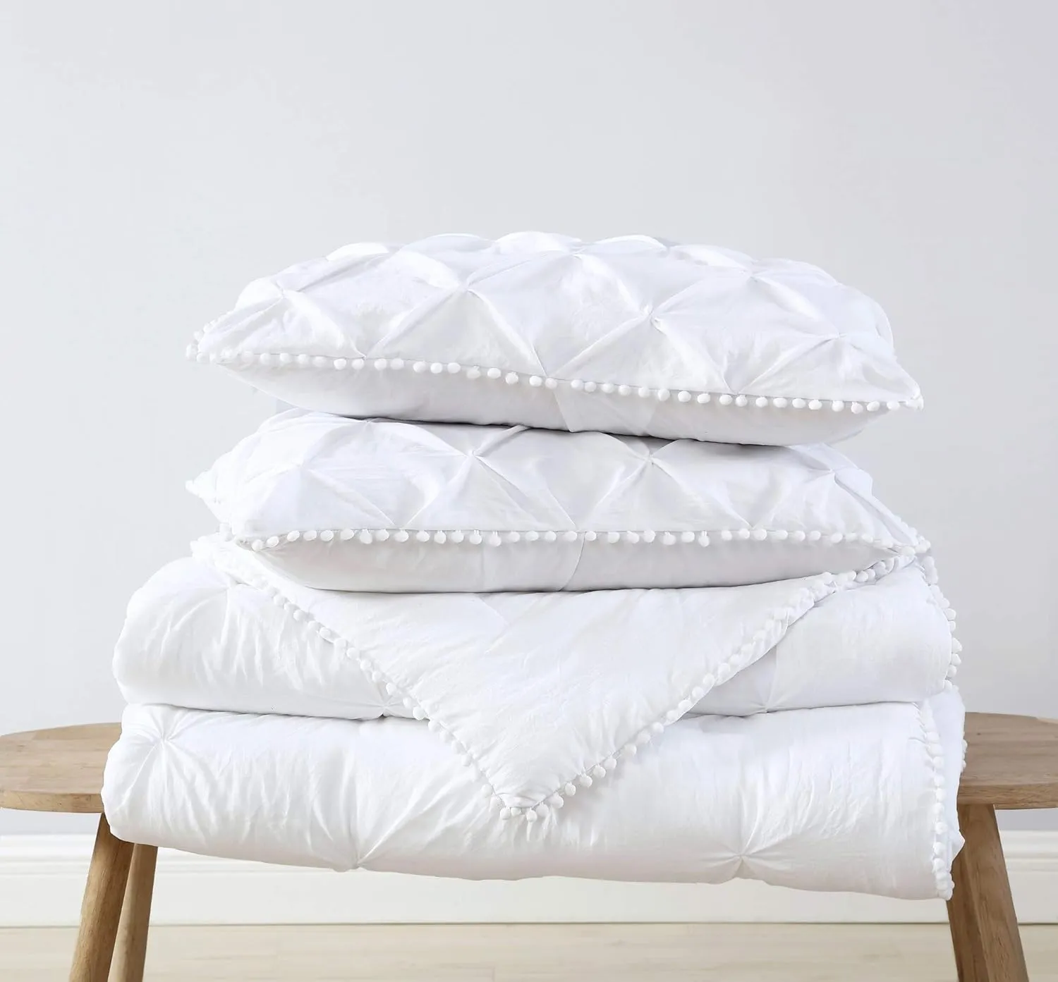 Chezmoi Collection Natalia 3-Piece Pom Pom Pinch Pleat Down Alternative Comforter Set,Soft Washed Microfiber Ball Fringe Bedding Set (Full, White)