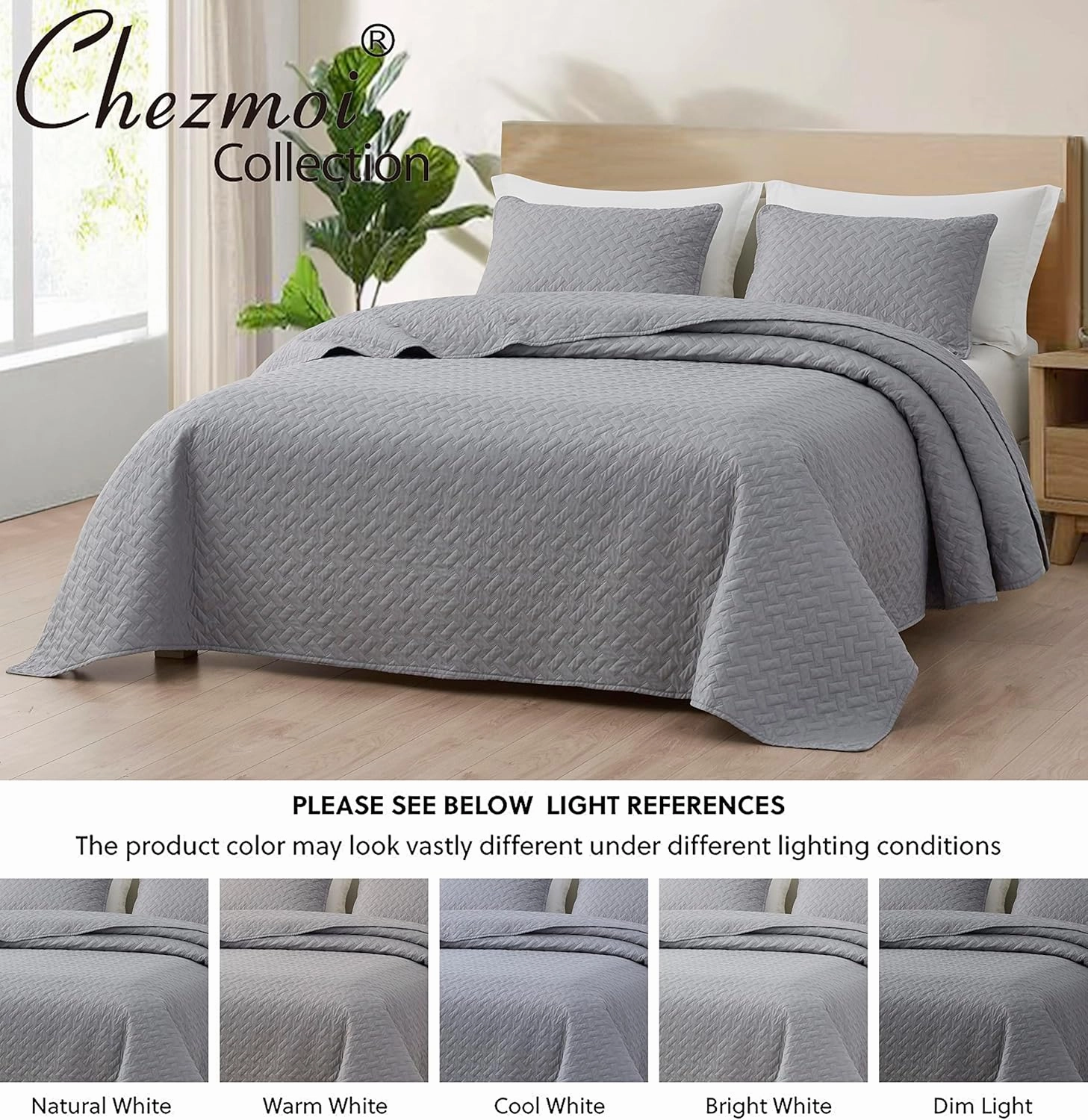 Chezmoi Collection Randall 3-Piece Soft Cooling Blend of Rayon Derived from Bamboo & Polyester Quilt Bedspread Basketweave Quilted Coverlet Set (King, Light Gray)