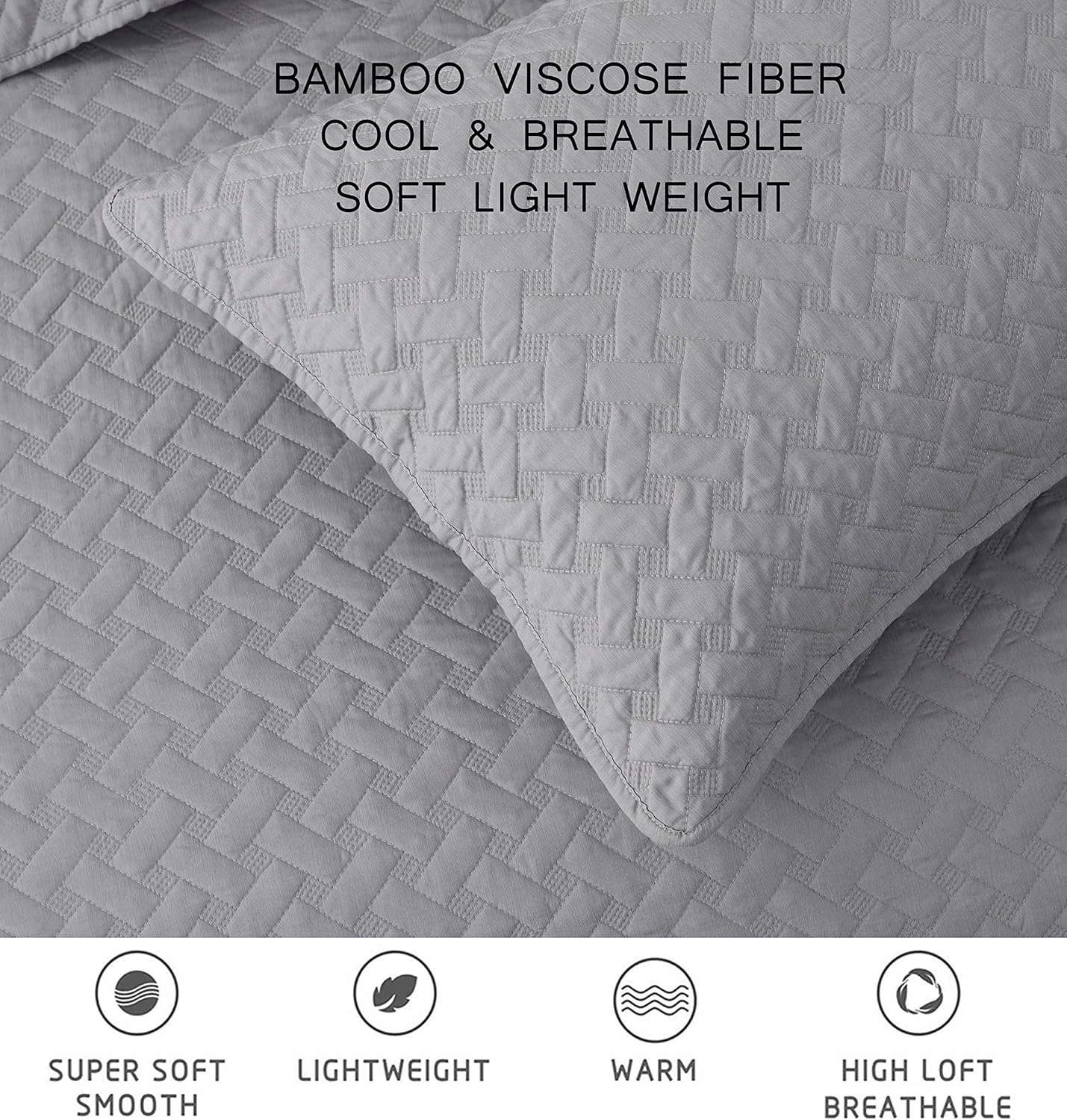 Chezmoi Collection Randall 3-Piece Soft Cooling Blend of Rayon Derived from Bamboo & Polyester Quilt Bedspread Basketweave Quilted Coverlet Set (King, Light Gray)