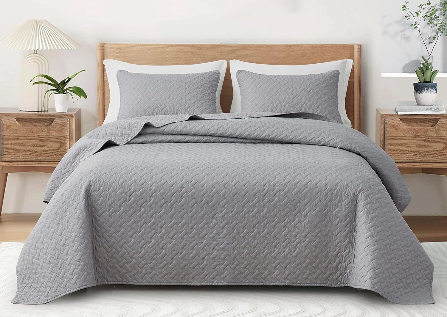 Chezmoi Collection Randall 3-Piece Soft Cooling Blend of Rayon Derived from Bamboo & Polyester Quilt Bedspread Basketweave Quilted Coverlet Set (King, Light Gray)