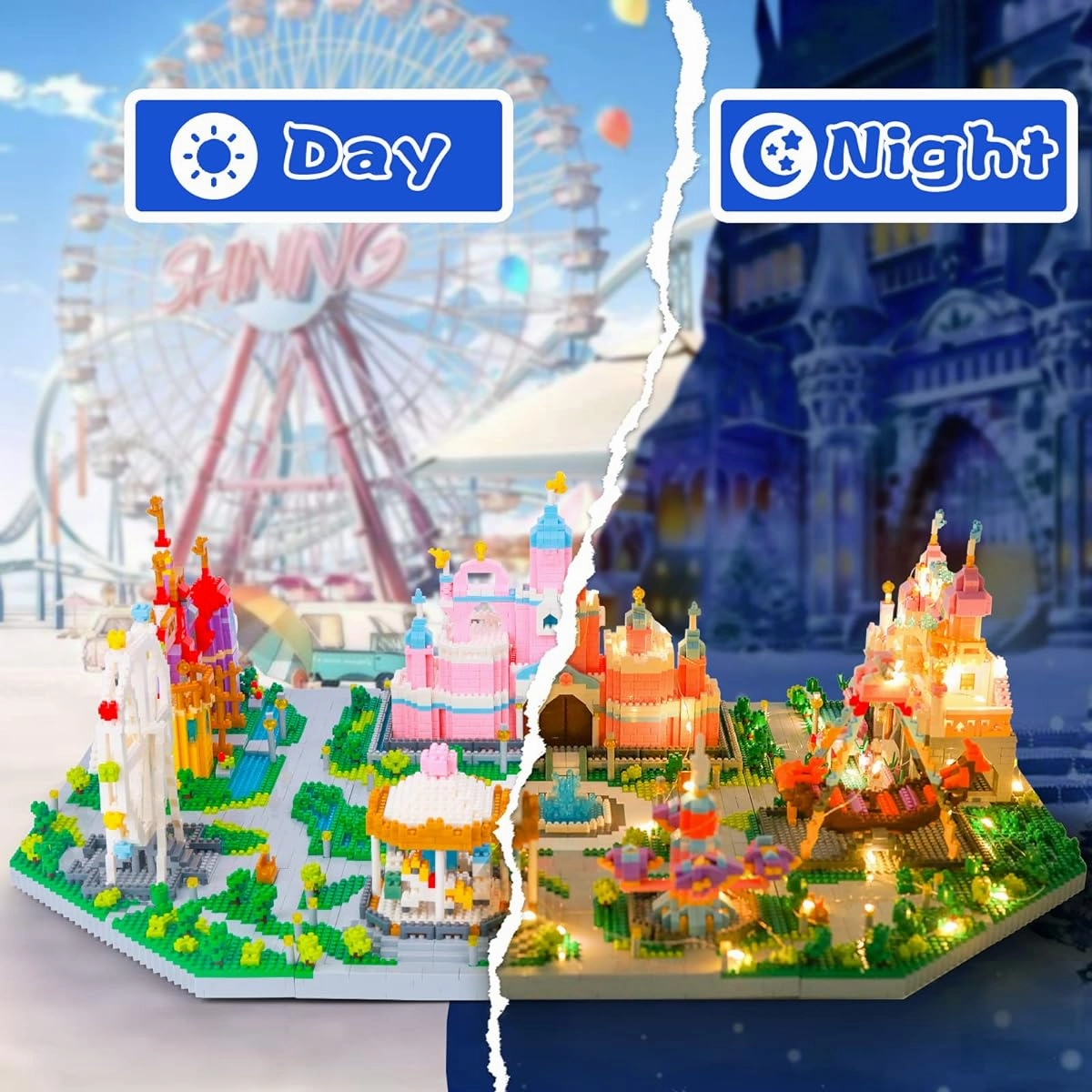 Chifafortoo 7416Pcs Friends Magical Playground Building Blocks Sets Theme Park for Kids with Lights Princess Castle Ferris Wheel Carousel 7 in 1 Micro Mini Building Bricks Kit