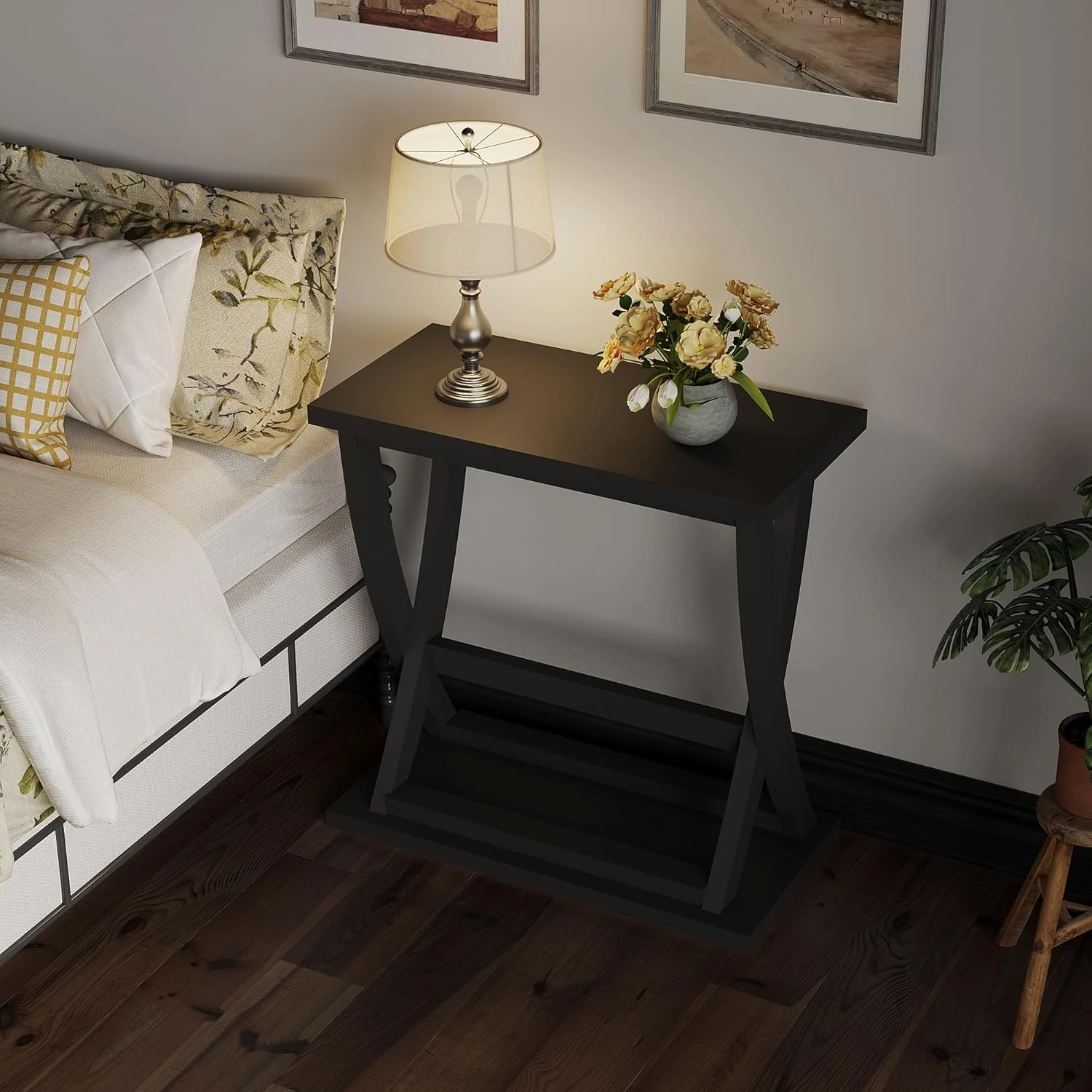 ChooChoo Black End Tables Living Room Set of 2, Narrow Side Table with Storage Shelf, Modern X-Design Slim End Table for Living Room, 11.8" D*23.6" W*23.4" D