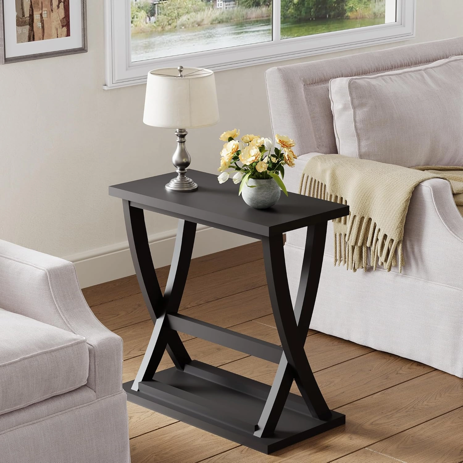 ChooChoo Black End Tables Living Room Set of 2, Narrow Side Table with Storage Shelf, Modern X-Design Slim End Table for Living Room, 11.8" D*23.6" W*23.4" D