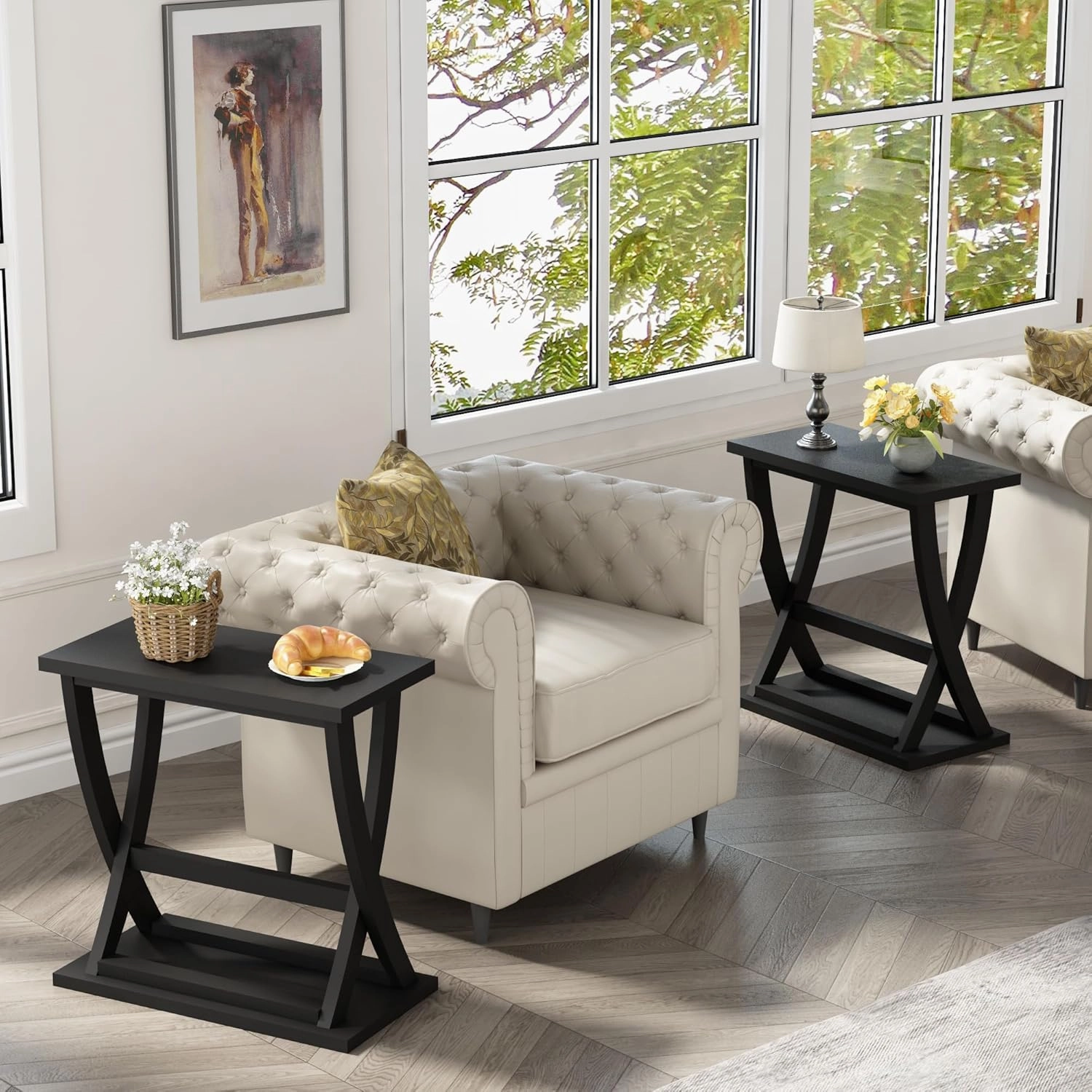 ChooChoo Black End Tables Living Room Set of 2, Narrow Side Table with Storage Shelf, Modern X-Design Slim End Table for Living Room, 11.8" D*23.6" W*23.4" D