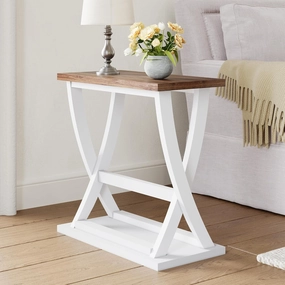 ChooChoo Farmhouse End Table, Narrow Side Table with Storage Shelf, Modern X-Design Slim End Table for Living Room,Bedroom, Small Space, 11.8" D*23.6" W*23.4" D.