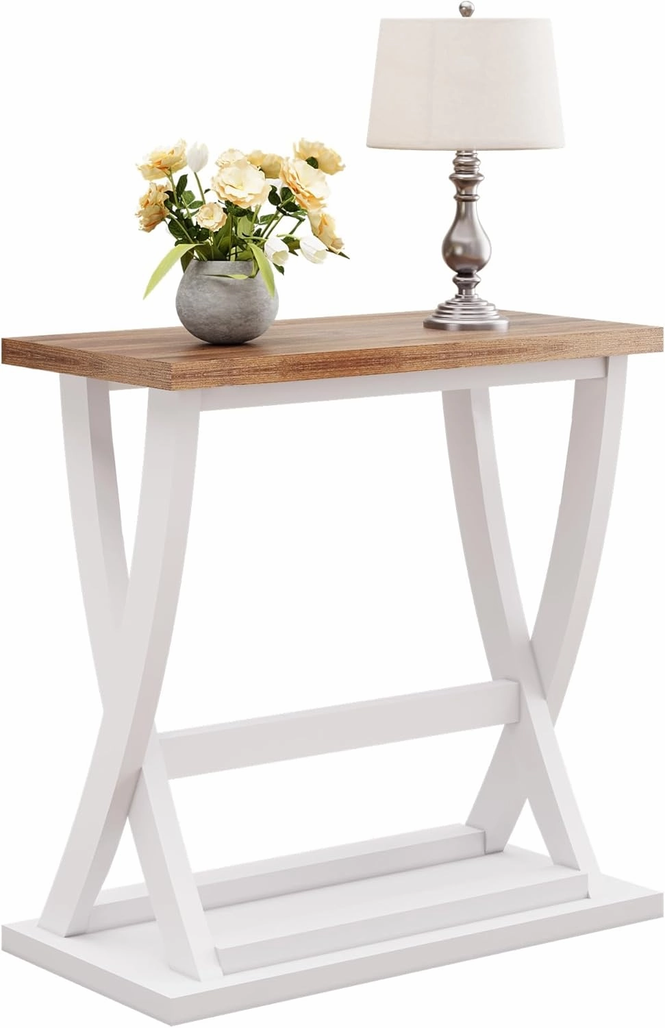 ChooChoo Farmhouse End Table, Narrow Side Table with Storage Shelf, Modern X-Design Slim End Table for Living Room,Bedroom, Small Space, 11.8" D*23.6" W*23.4" D.