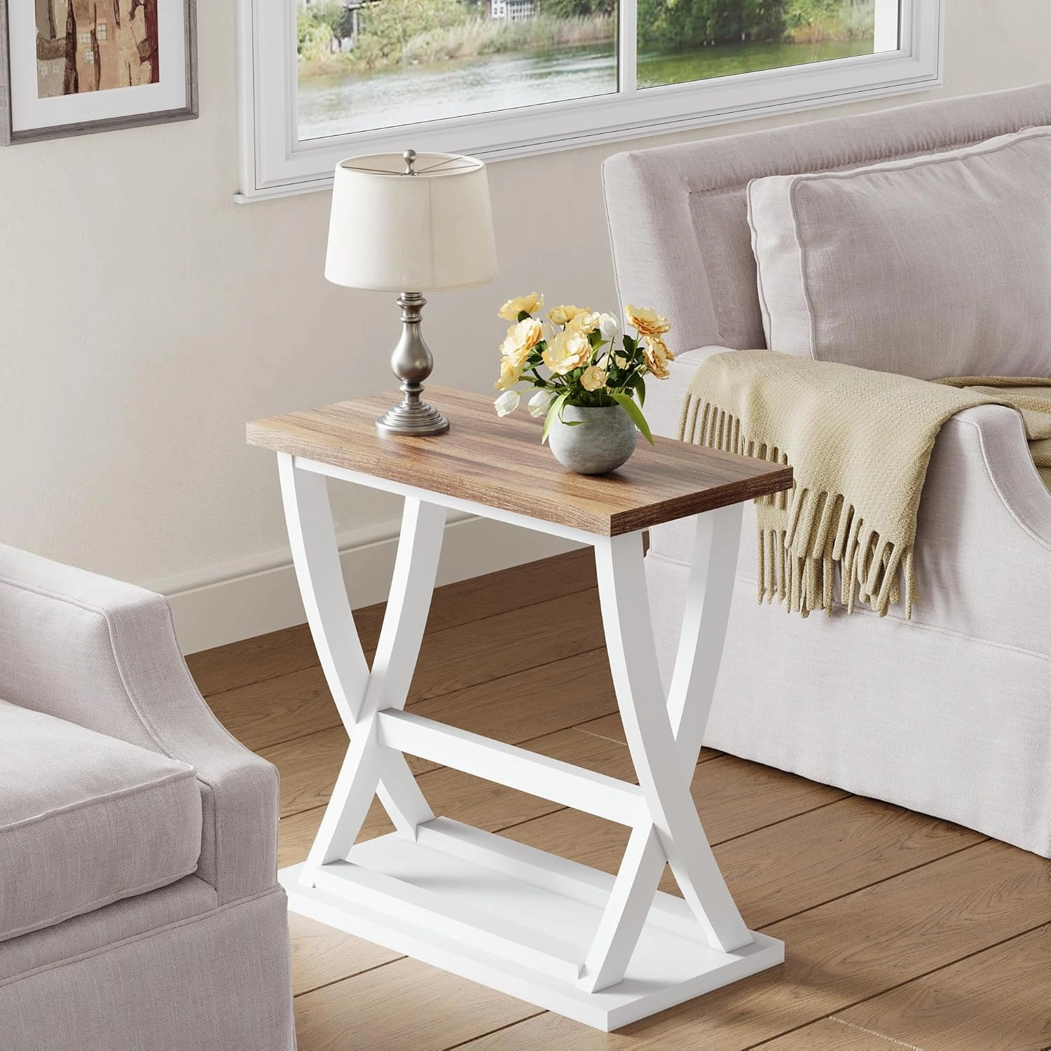 ChooChoo Farmhouse End Table, Narrow Side Table with Storage Shelf, Modern X-Design Slim End Table for Living Room,Bedroom, Small Space, 11.8" D*23.6" W*23.4" D.