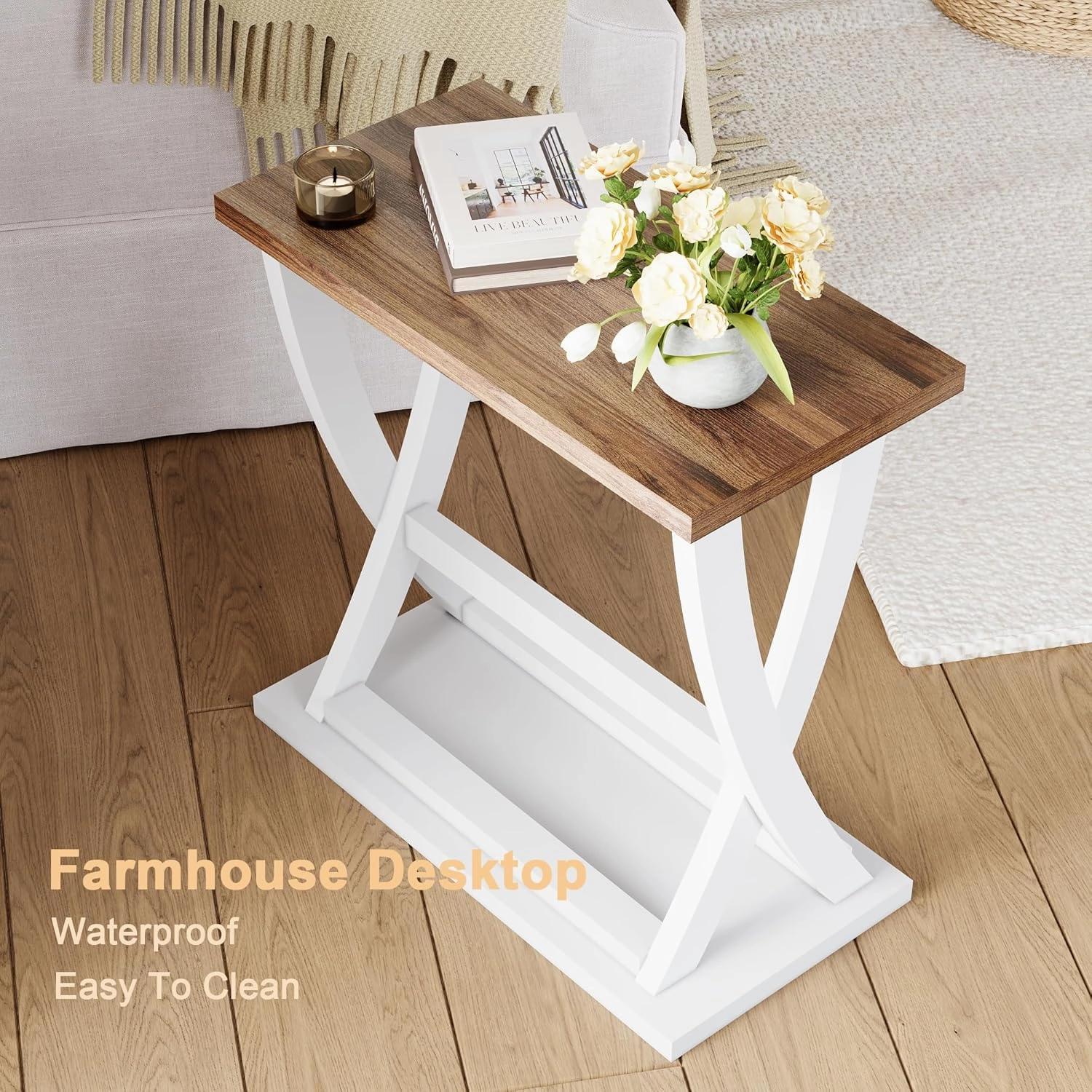 ChooChoo Farmhouse End Table, Narrow Side Table with Storage Shelf, Modern X-Design Slim End Table for Living Room,Bedroom, Small Space, 11.8" D*23.6" W*23.4" D.