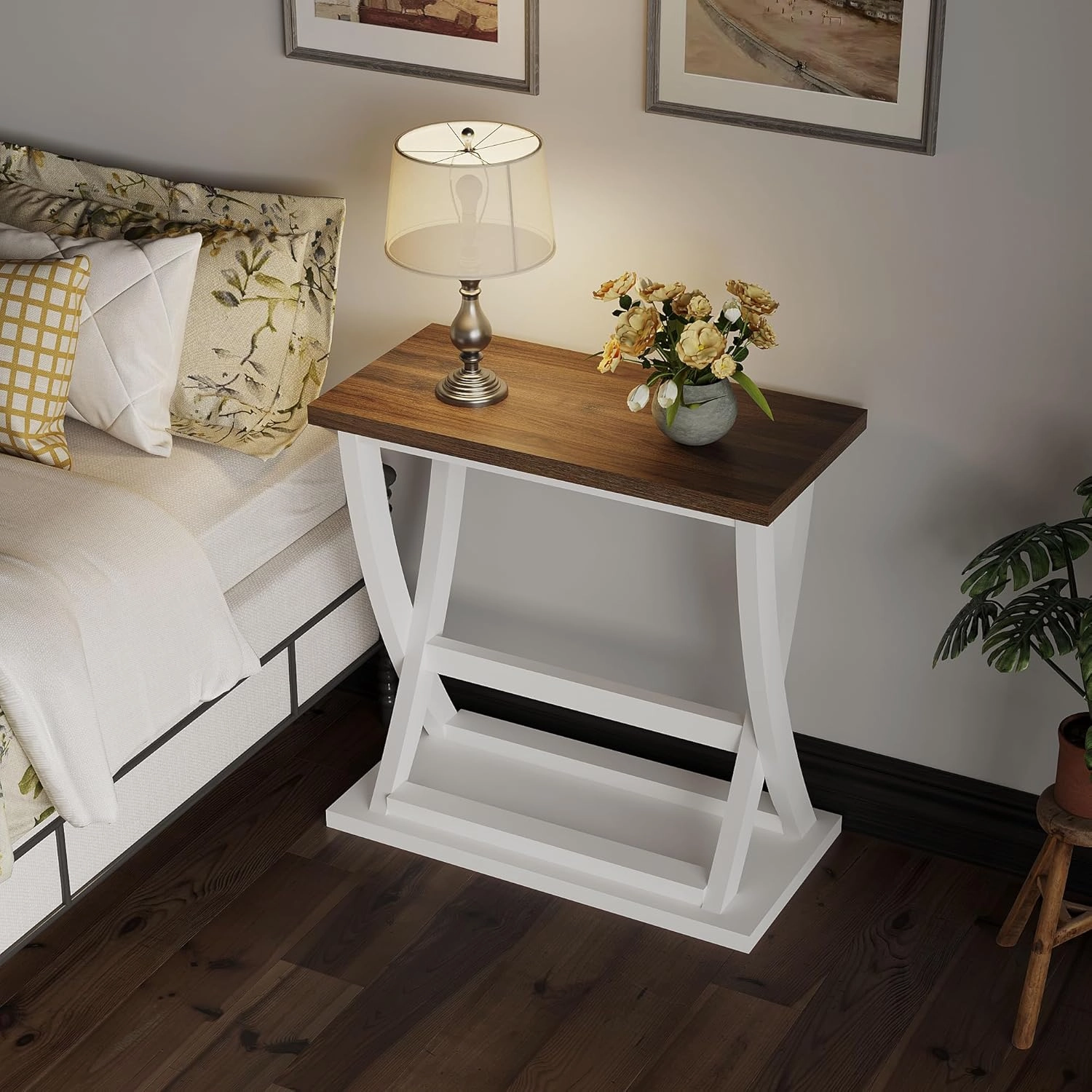 ChooChoo Farmhouse End Table, Narrow Side Table with Storage Shelf, Modern X-Design Slim End Table for Living Room,Bedroom, Small Space, 11.8" D*23.6" W*23.4" D.