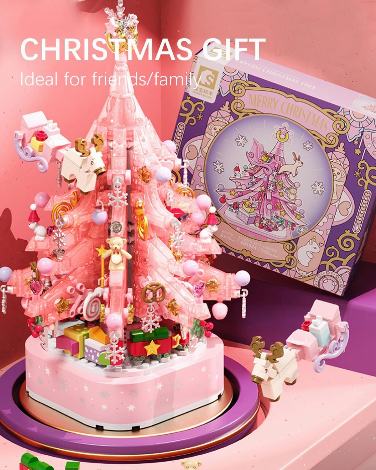 Christmas Crystal Tree Building Blocks Set, Pink Christmas Music Box with Lights, Holiday Home Decoration, Idea Gifts for Adult and Teens (675 pcs) (605024)