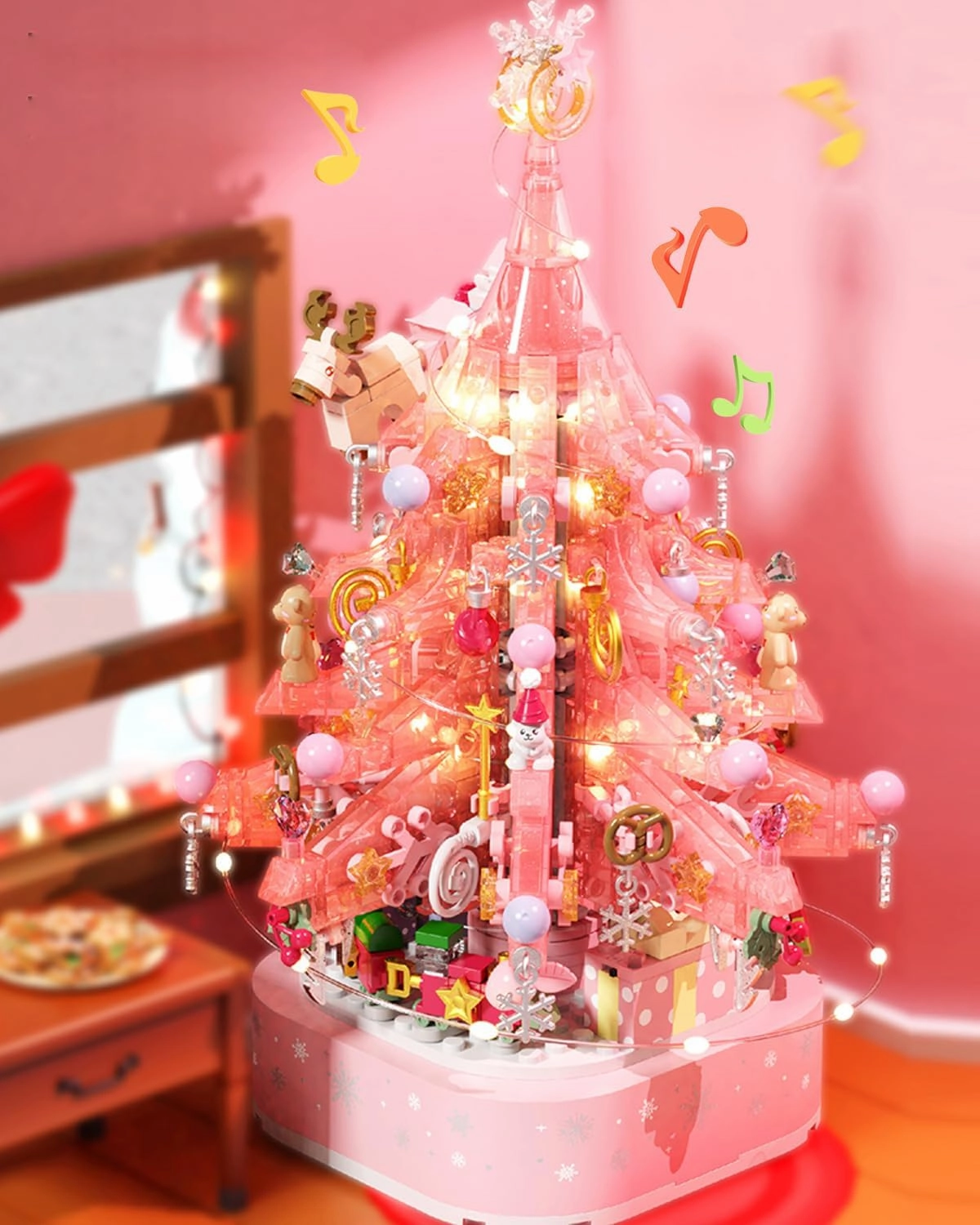 Christmas Crystal Tree Building Blocks Set, Pink Christmas Music Box with Lights, Holiday Home Decoration, Idea Gifts for Adult and Teens (675 pcs) (605024)