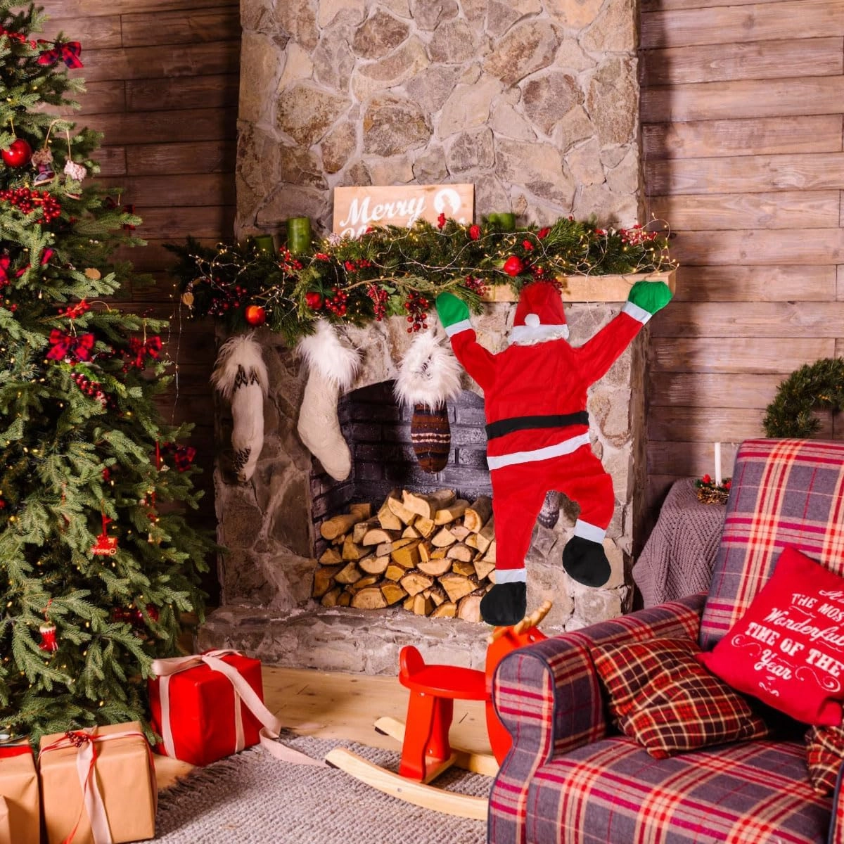 Christmas Hanging Santa Decoration Climbing Santa Claus Climbing Hanging Santa Claus Suit Indoor Outdoor Christmas Ornaments Christmas Decor for Gutter/Roof/Chimney/Window/Car/Christmas Tree (5.6 FT)