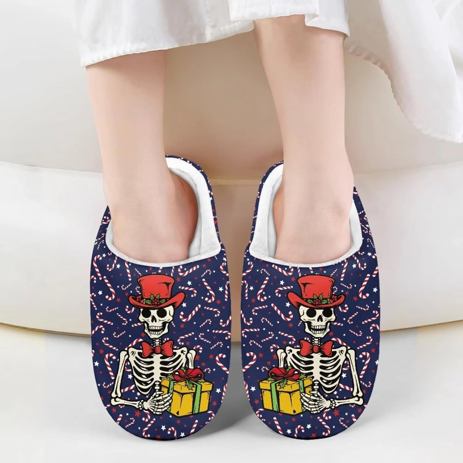 Christmas Slippers for Family TPR Sole Men Women Indoor/Outdoor Slippers Fuzzy Slip On House Shoes with Rubber