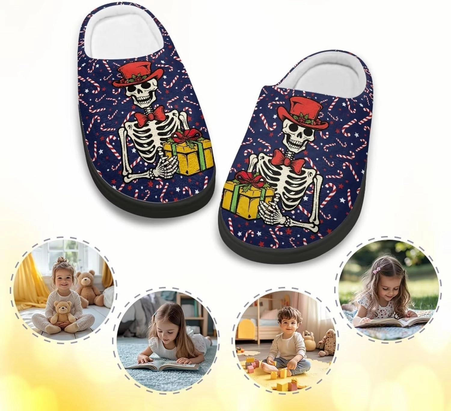 Christmas Slippers for Family TPR Sole Men Women Indoor/Outdoor Slippers Fuzzy Slip On House Shoes with Rubber