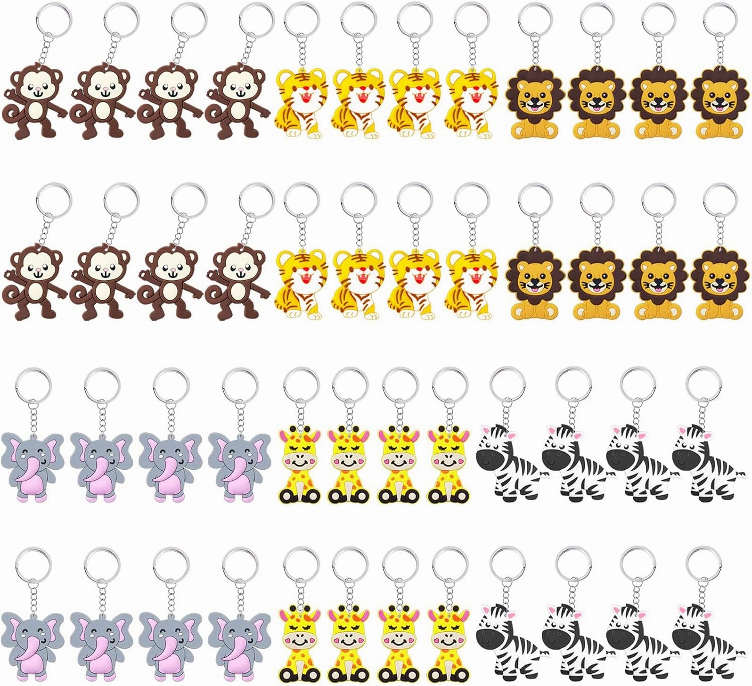 CiciBear 48 Pack Wild Animal Party Return Favors with Lion, Monkey, Giraffe, Zebra, Elephant and Tiger Keychains for Jungle Safari Wild Woodland Baby Shower, Birthday, School Carnival Rewards