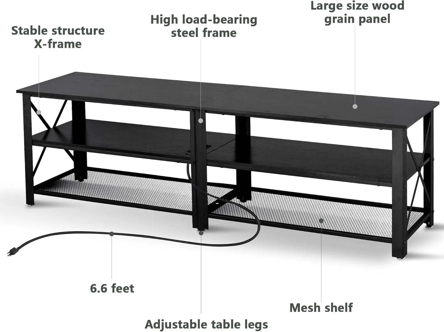 Clikuutory Modern Black 63 inch Metal TV Stand with LED Lights and Power Outlets for 40 50 55 60 65 70 Inch TVs, 3 Tier Television Stands with Entertainment Center and Storage for Living Room, Bedroom