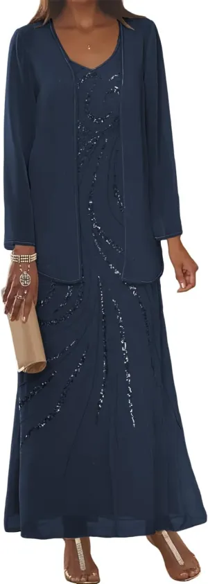 Clothfun Chiffon Long Mother of The Bride Dress 2025 Sequin Wedding Guest Dress with Jacket CY134