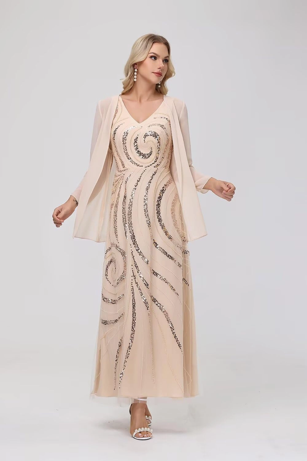 Clothfun Chiffon Long Mother of The Bride Dress 2025 Sequin Wedding Guest Dress with Jacket CY134