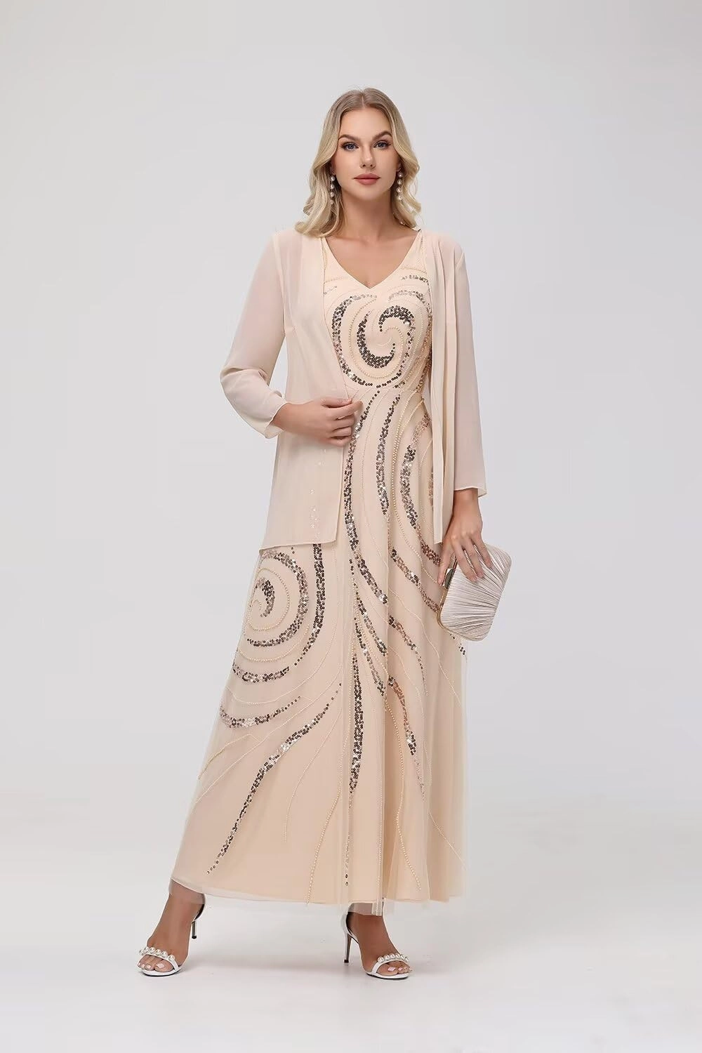 Clothfun Chiffon Long Mother of The Bride Dress 2025 Sequin Wedding Guest Dress with Jacket CY134