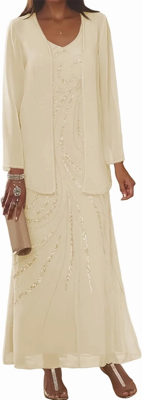 Clothfun Chiffon Long Mother of The Bride Dress 2025 Sequin Wedding Guest Dress with Jacket CY134