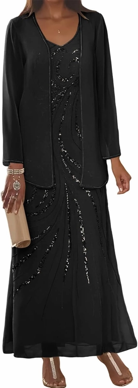 Clothfun Chiffon Long Mother of The Bride Dress 2025 Sequin Wedding Guest Dress with Jacket CY134