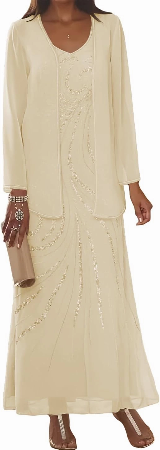 Clothfun Chiffon Long Mother of The Bride Dress 2025 Sequin Wedding Guest Dress with Jacket CY134