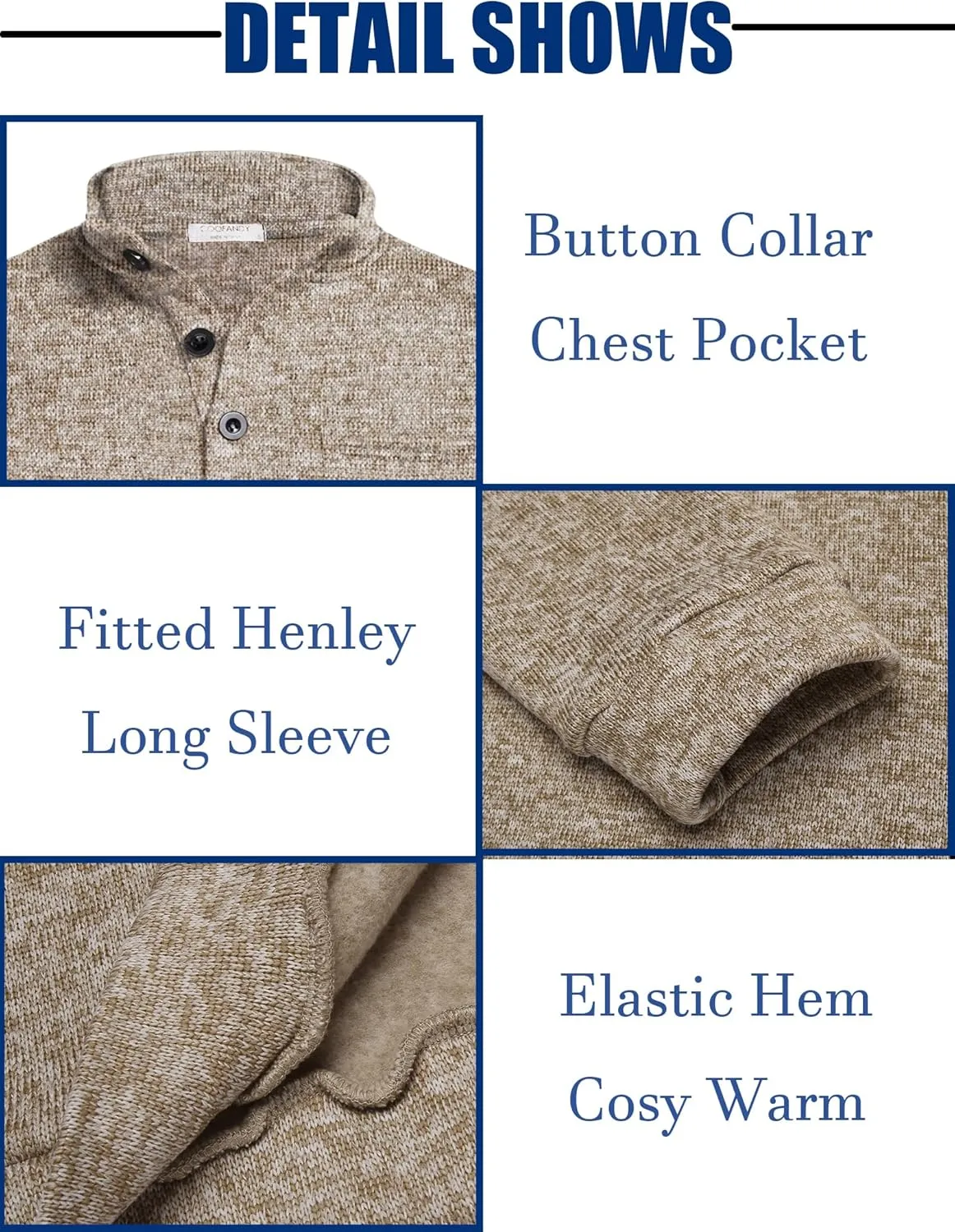 COOFANDY Men's Casual Henley Pullover Sweatshirt Thermal Fleece Slim Fit Sweater