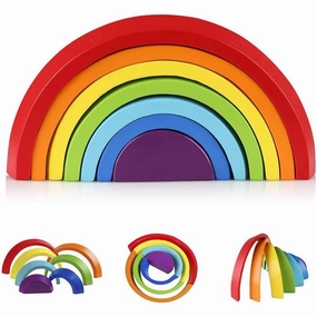 Coogam Wooden Rainbow Stacker Nesting Puzzle Blocks - Tunnel Stacking Game Building Creative Color Shape Matching Jigsaw Puzzle Learning Toy Set Board Early Development Gifts for Kids Boys Girls
