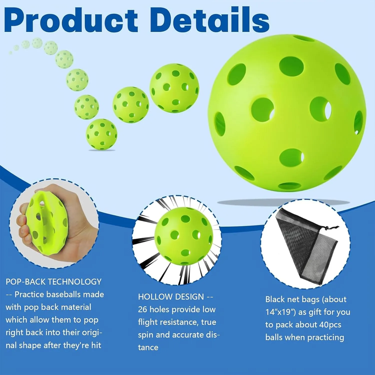 Coopay 40 Pack Baseball Practice Balls Plastic Training Balls Lightweight Hollow Softballs with a Drawstring Bag for Hitting, Baseball Training Indoor Outdoor Use