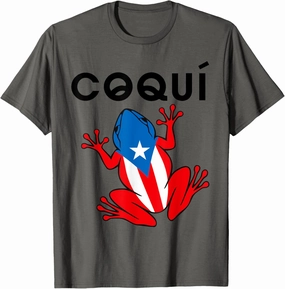 Coqu Heritage Puerto Rican Flag T-Shirt - Unisex-Adults, Grey, Small, Short Sleeve, Classic Fit, Pull On, Cotton 100%