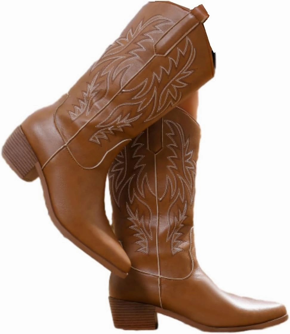 Cowgirl Boot for Women,Retro Classic Mid Calf Western Boots Embroidered Pointed Toe Chunky Block Heel Cowboy Boots