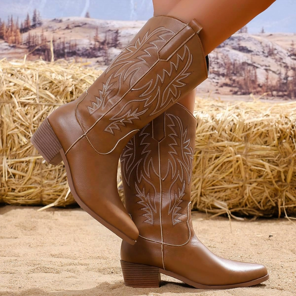 Cowgirl Boot for Women,Retro Classic Mid Calf Western Boots Embroidered Pointed Toe Chunky Block Heel Cowboy Boots