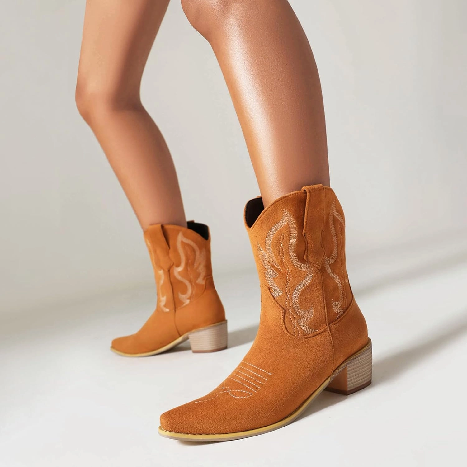 Cozivwaiy Classic Cowboy Booties Embroidered Women Pointed Toe Ankle Boots Western Country Boots Pull on Block Heel Booties